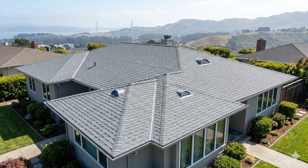 An aerial perspective captures a finished, high-quality architectural shingle roof on a premium home in the San Francisco Bay Area.
